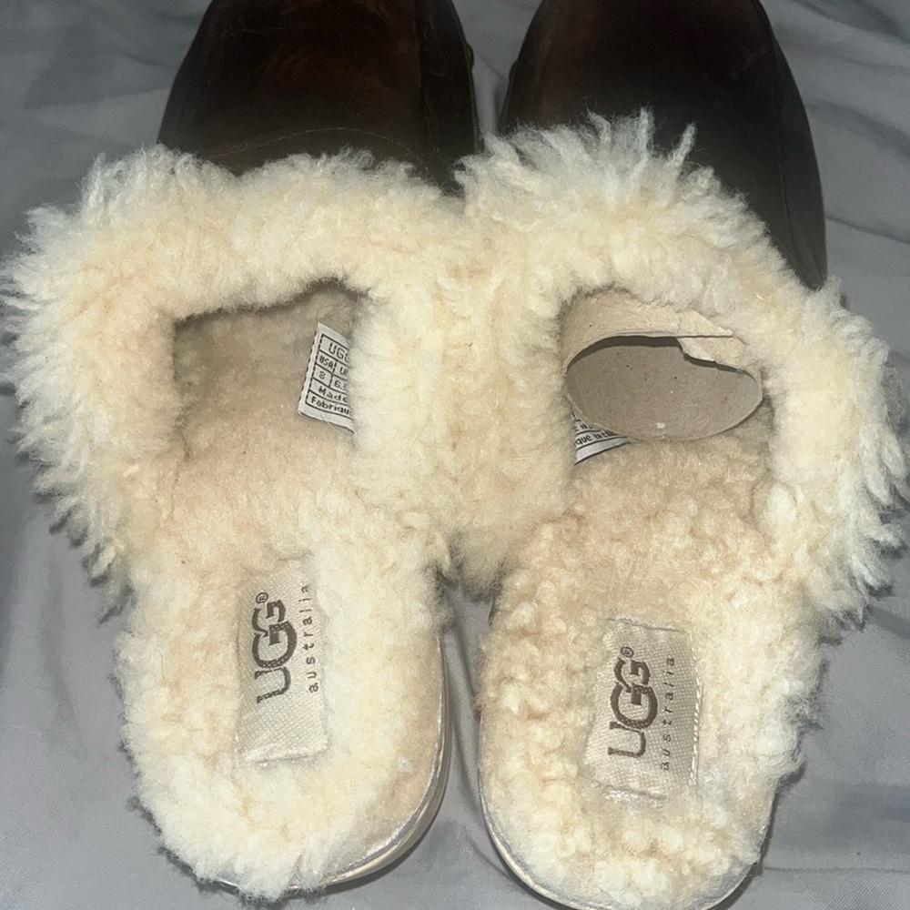 UGG Kalee Clogs Women’s 8 Brown Bomber Leather Sherpa Lined - Picture 2 of 15